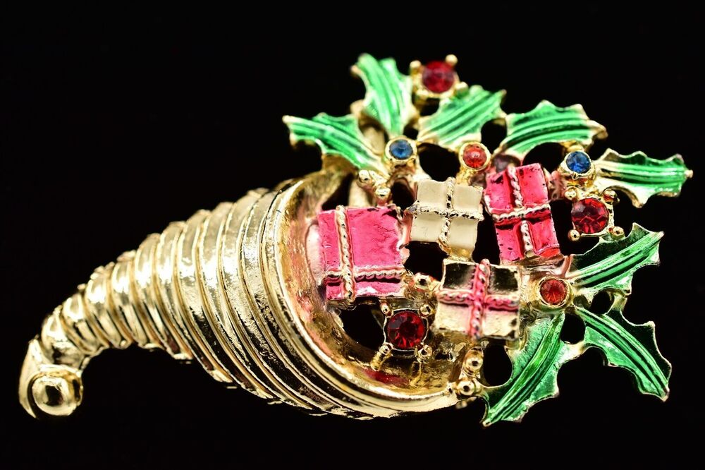 B.J Vintage Cornucopia Pin Brooch Red Present Christmas Holiday Signed Bin5B